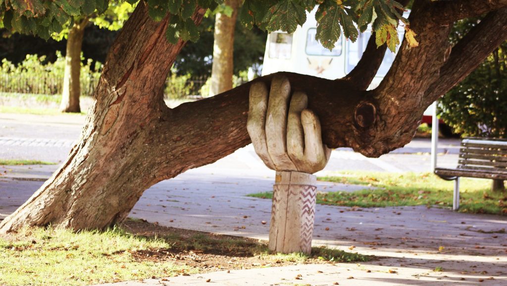 Crooked park tree being held up by large wooden hand statue